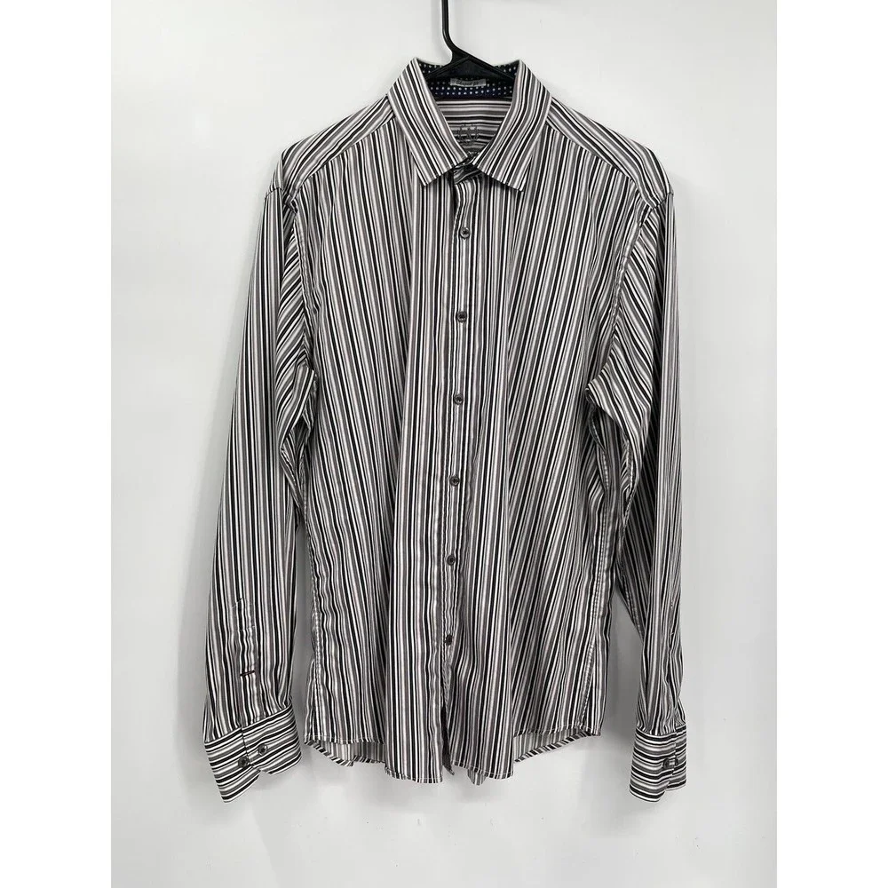 Bugatchi L Button Down Shirt Mens Black White Grey Striped Shaped Fit Cotton‎